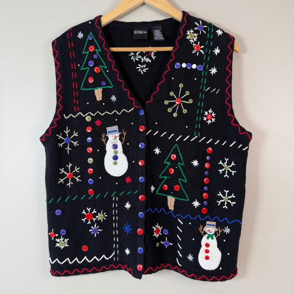 Erika Holiday Snowman embellished Sweater Vest Y2K Colorful Novelty Festival